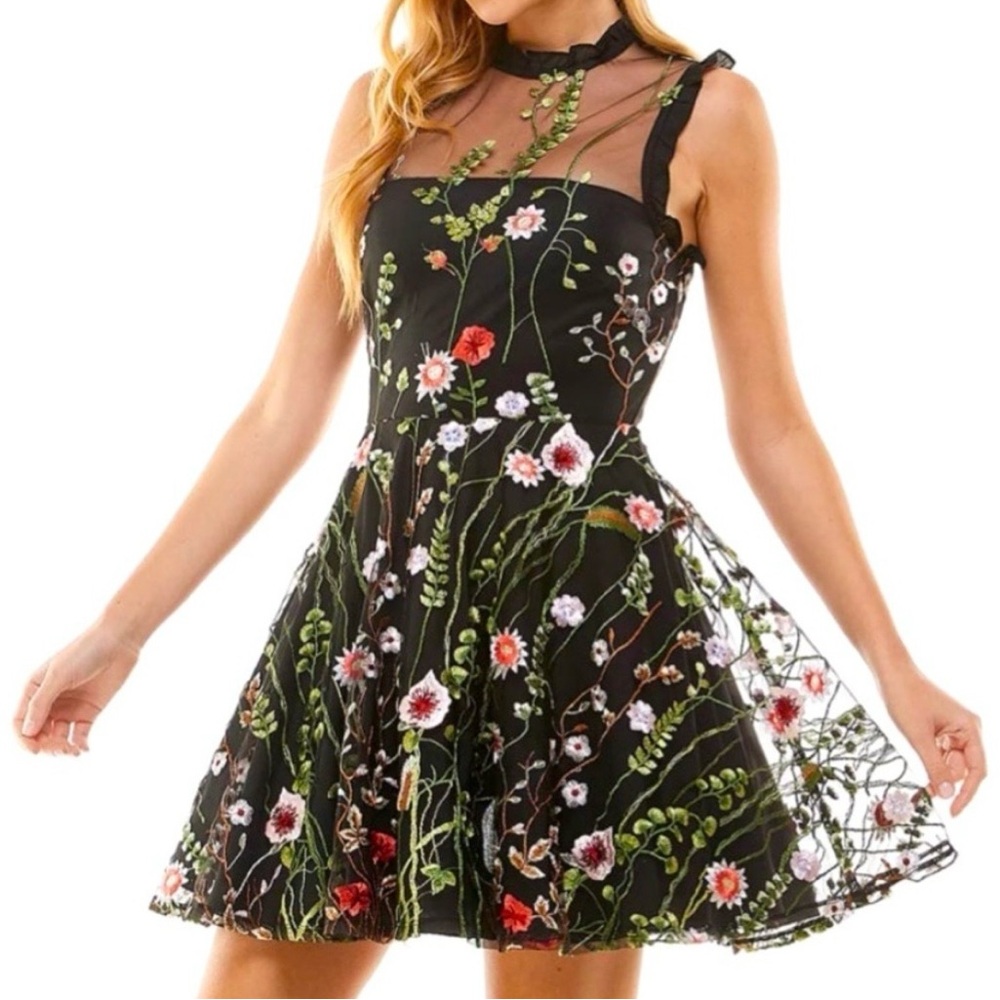City Studio Black Dress with Floral Embroidery Fit and Flare